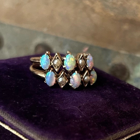 Antique 14K Seed Pearl & Opal Double Ring - Picture 6 of 8